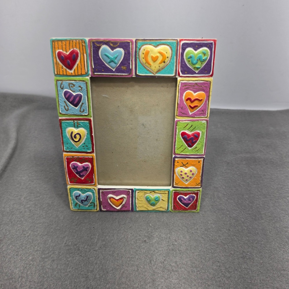 Multicolor Heart Patchwork Ceramic Picture Frame 4x6 Whimsical Folk Art Decor